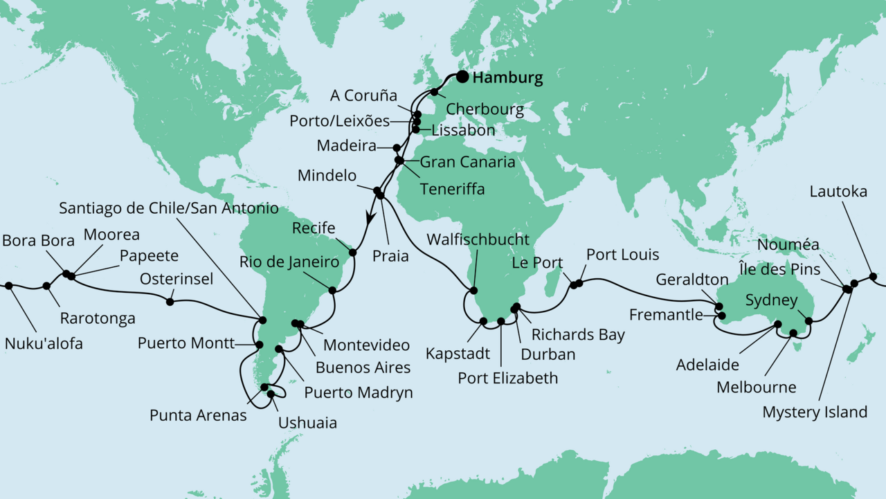 Route AIDA Weltreise 2022/2023