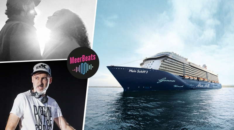 Kollage aus einem Kreuzfahrtschiff auf hoher See auf der rechten Seite und den Musikern Max Herre und Joy Denalane und DJ Friction auf der linken Seite