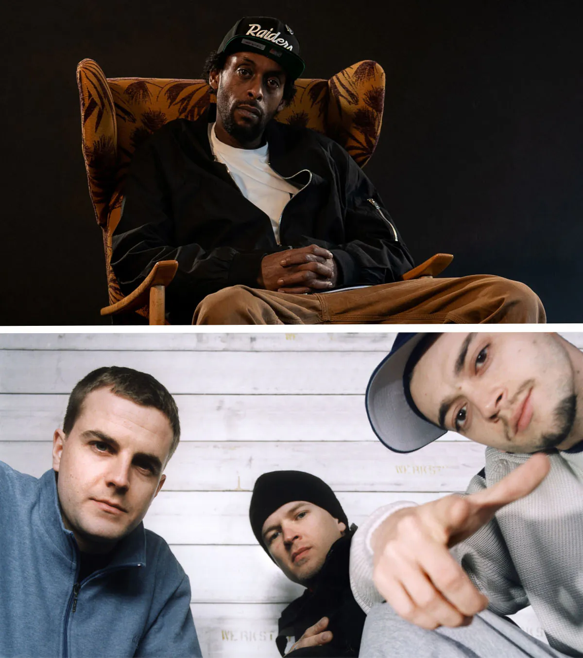 Hip-Hop und Rap Künstler Afrob im Sessel sitzend und Band Massive Töne in der Nahaufnahme