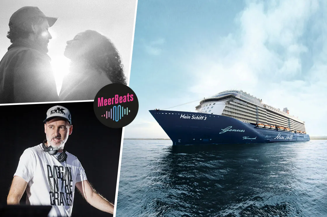 Kollage aus einem Kreuzfahrtschiff auf hoher See auf der rechten Seite und den Musikern Max Herre und Joy Denalane und DJ Friction auf der linken Seite