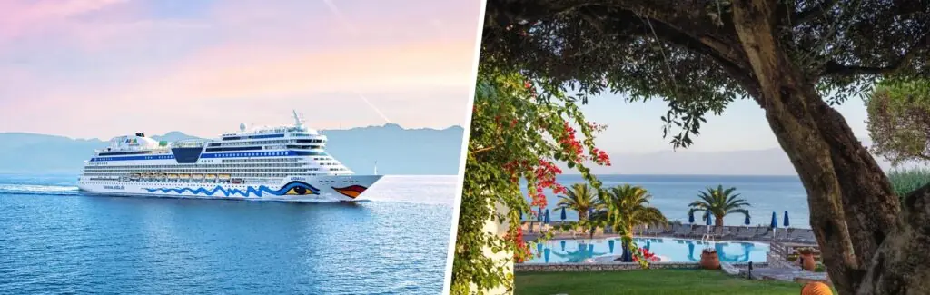 AIDAblu auf dem Meer vor Küstenlandschaft und Hotelanlage auf Korfu mit Pool, Palmen und Meerblick.