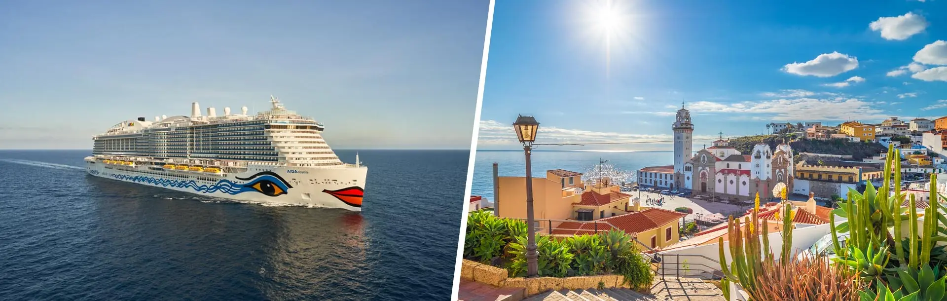 AIDA Kreuzfahrtschiff auf dem Meer kombiniert mit Stadtansicht auf Teneriffa mit Kirche und Küstenblick.