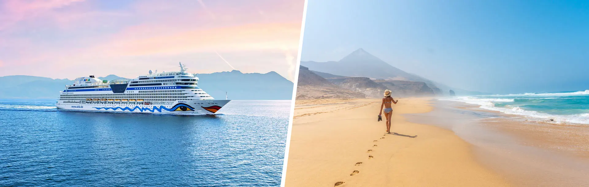 AIDAblu auf dem Meer kombiniert mit einem langen Sandstrand auf Fuerteventura.